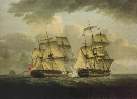 An oil painting of a naval engagement between the French frigate Semillante and British frigate Venus in 1793, unknow artist